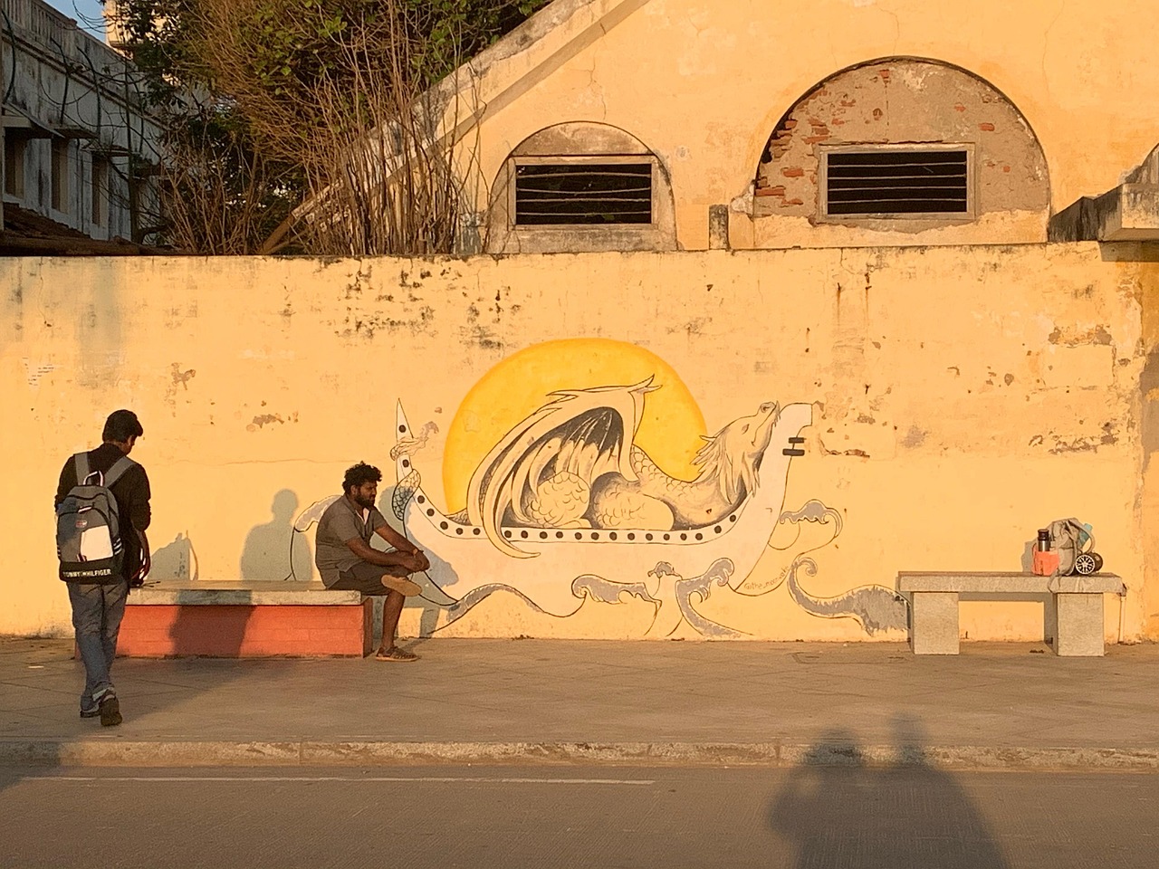 A quiet café-lined White Town street in Pondicherry.